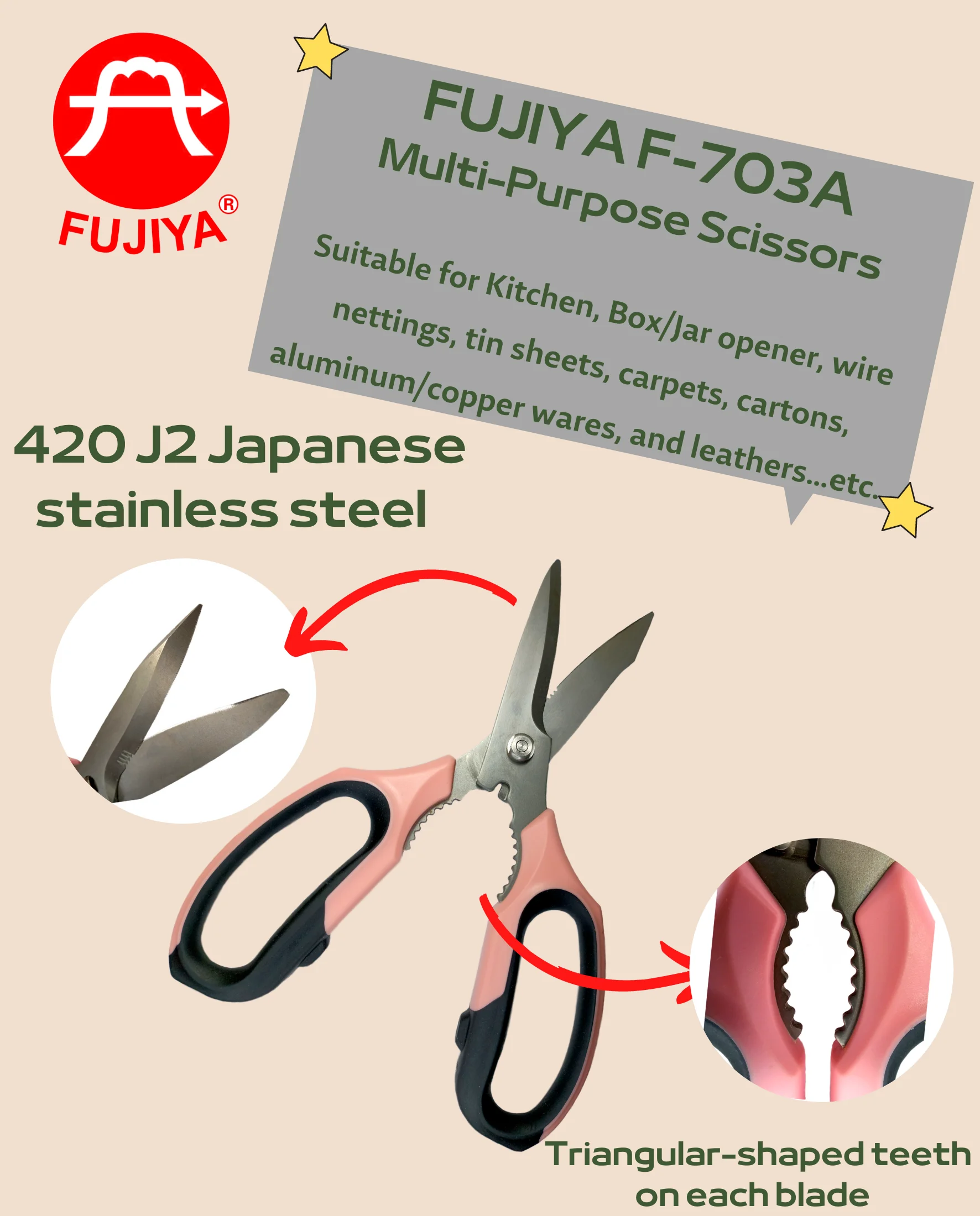 FUJIYA HPT Multipurpose Household Cutting Scissors Industrial Grade with Sharp Serrated Edge Fabric Sewing High Quality Shears