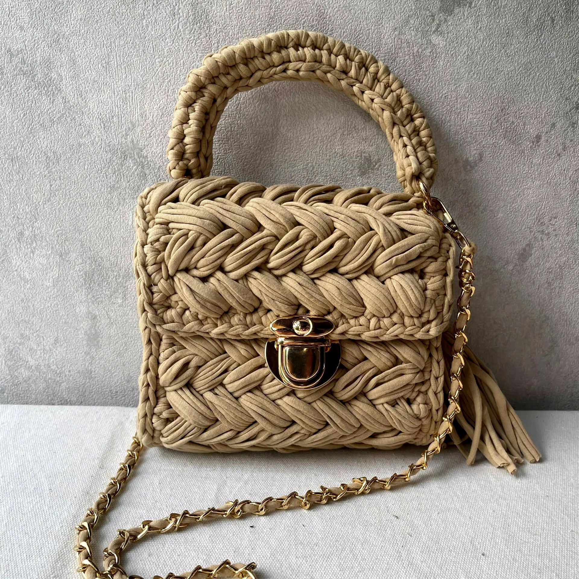 Handmade Beige Crochet Bag  Stylish Woven Purse Bag Knitted Shoulder Bag  Christmas Gift for Women