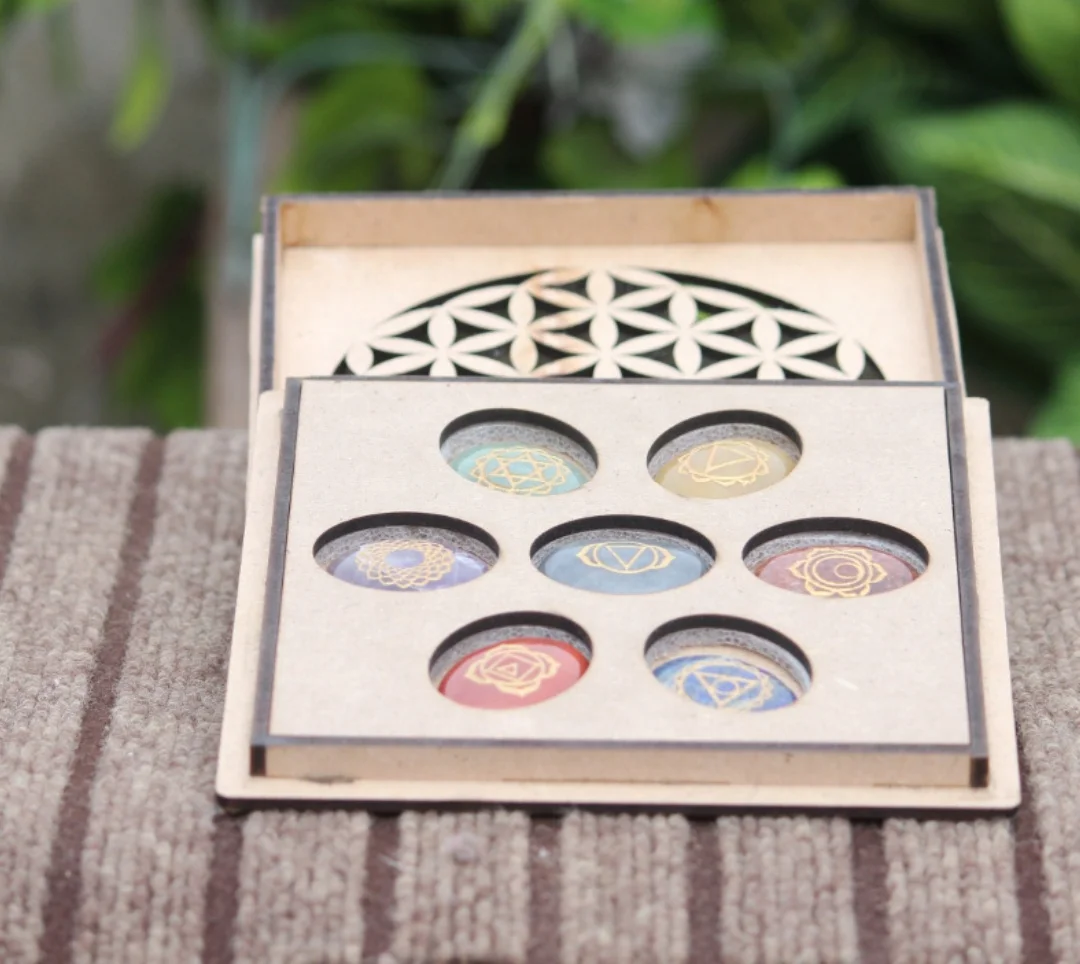 Natural Gemstone Engraved Palm Healing Stone Shape Crystal Seven Chakra Palm Set With Box From Exis Crystal Exports