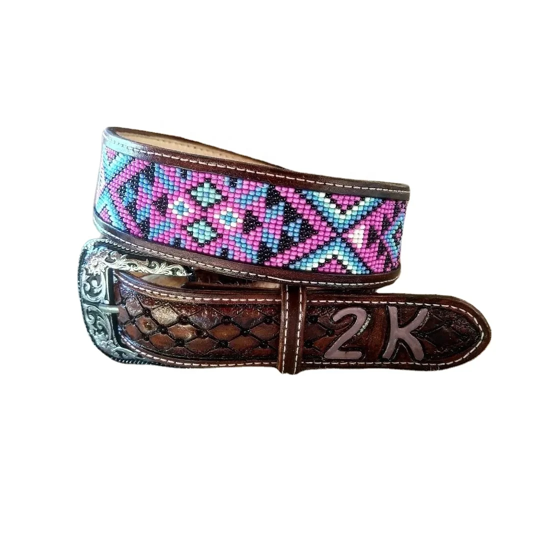 Custom Made Western Beaded Belt With Alloy Metal Buckle & Best Quality Leather Top Supplier Manufacturer For Men & Women