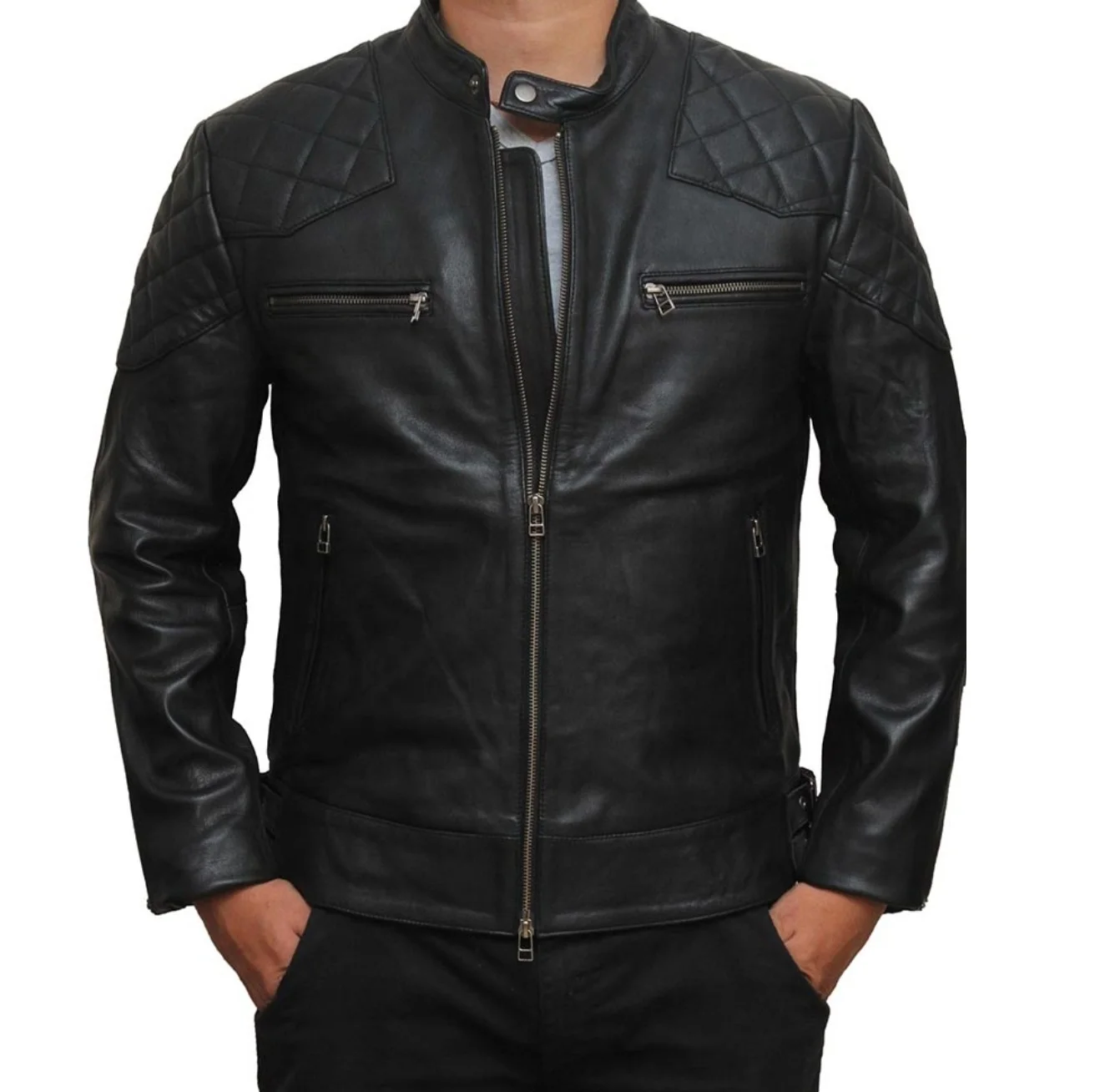 David Bekham style motorcycle auto racing wear leather jacket regular long sleeves cafe racer leather rider fashion jacket