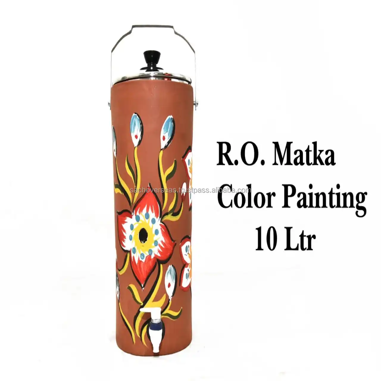 Attractive Hand-Painted Round Natural Terracotta Indian Water Pot Matka with Clay Lid For Sale