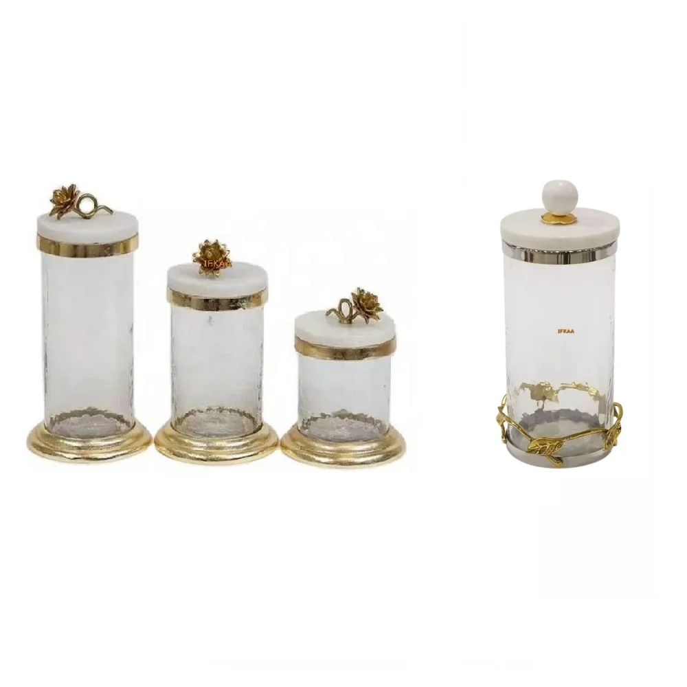 Hot Selling Marble & Silver Hammered Glass Storage Jar Lids Canisters Set Spice Food Tea Sugar Food Condiments Wedding Occasions