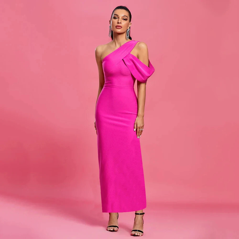 New Fashionable One Shoulder Backless Long Dress 2023 Elegant Rose Red Sleeveless Slim Tight Casual Slim Bandage Party Dress