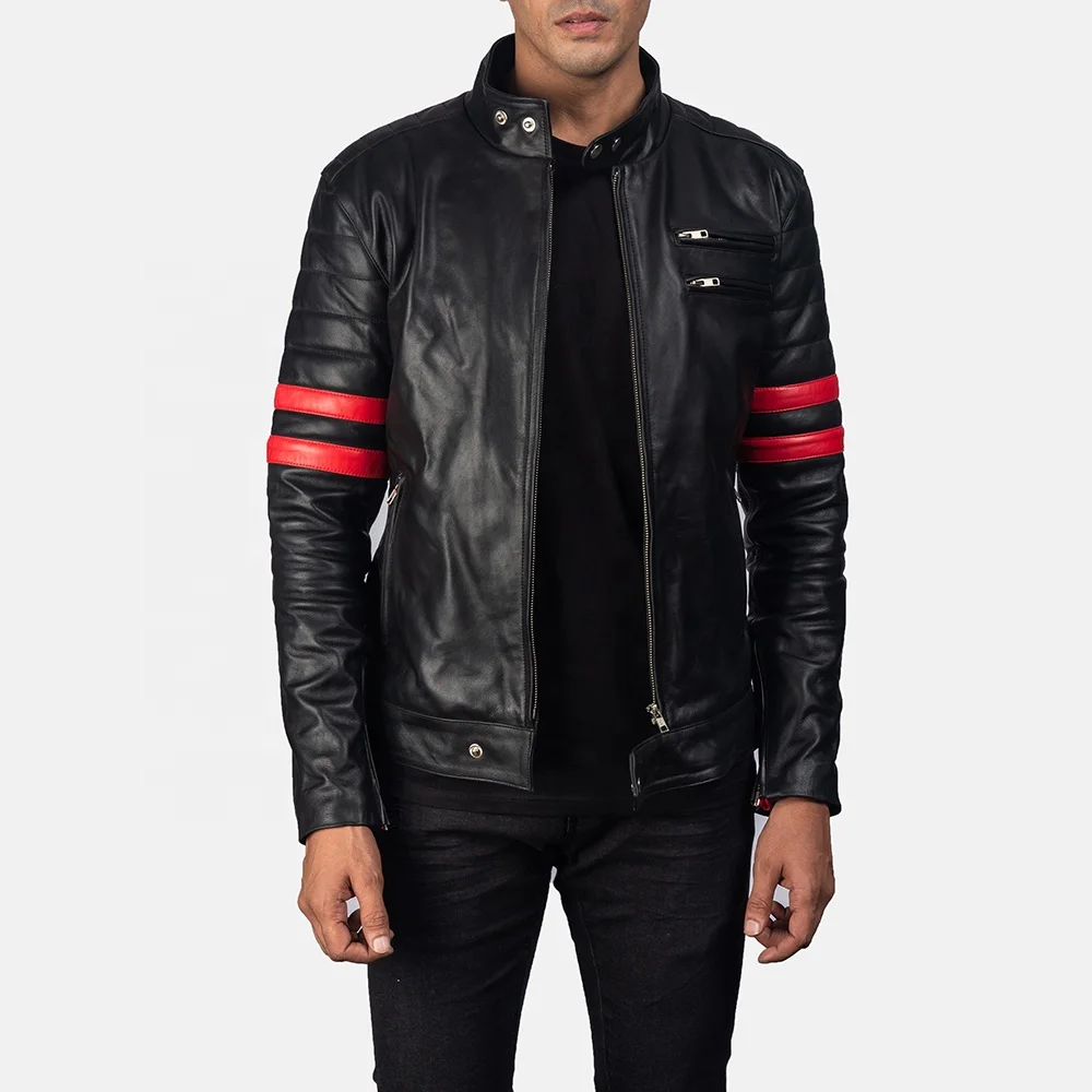 Black & Red Leather Biker Jacket For Men