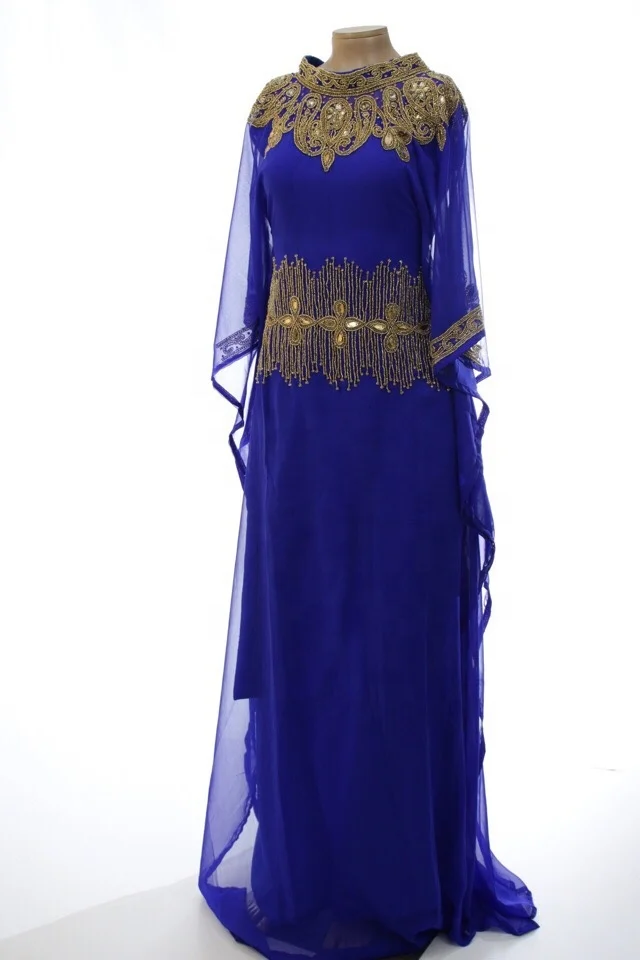 Royal Blue Color Party Wear Georgette Qatar Style Islamic Kaftan Mayzuna Dubai  Long Dresses Beads Muslim Abaya long dress