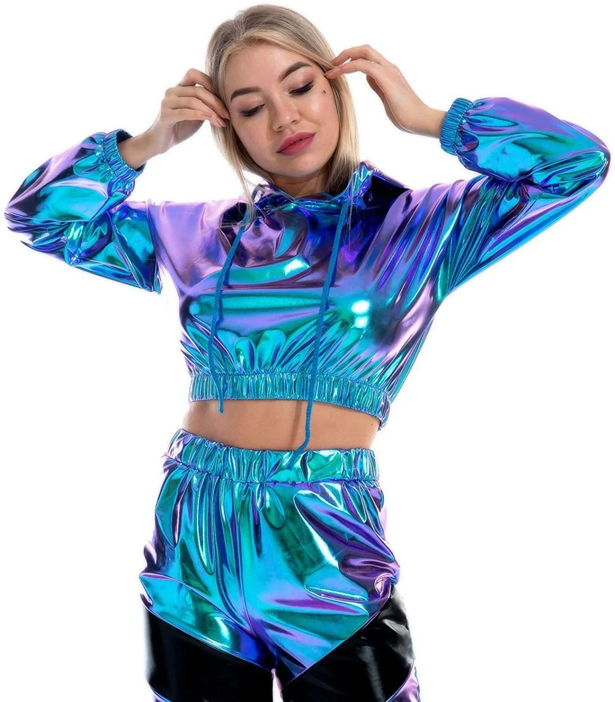 Shiny Metallic Crop Hoodies for Women Long Sleeve Wet Look Stretchy Pullover  Sweatshirts Crop Tops Club Wear