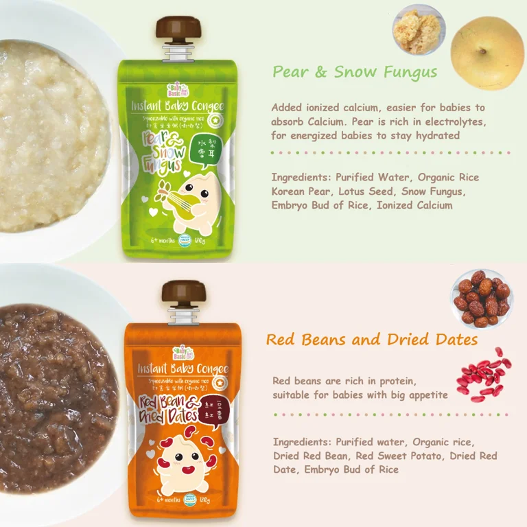 Baby Basic Certified Organic Squeezable Congee Instant Meal 6M+ Pear and Snow Fungus Infant Food No preservatives Wholesales