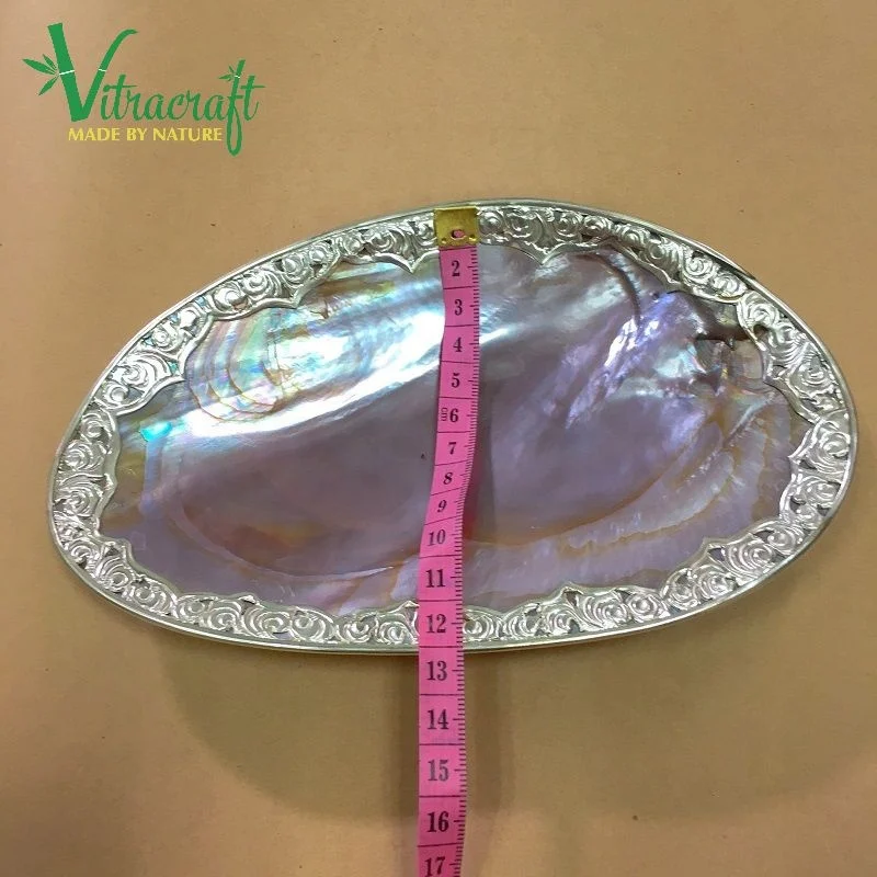 100%Natural product Pink Shell Mother Of Pearl Plate Caviar Dish Mother of pearl tray with Silver Pattern inlaid size 18 to 20cm