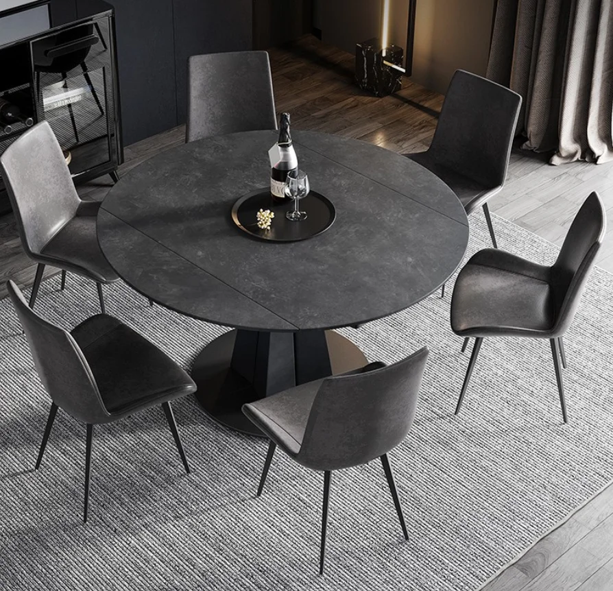 Minimalist Round Marble Sintered Stone Top Steel Metal Legs Base Rectangular Dining Table