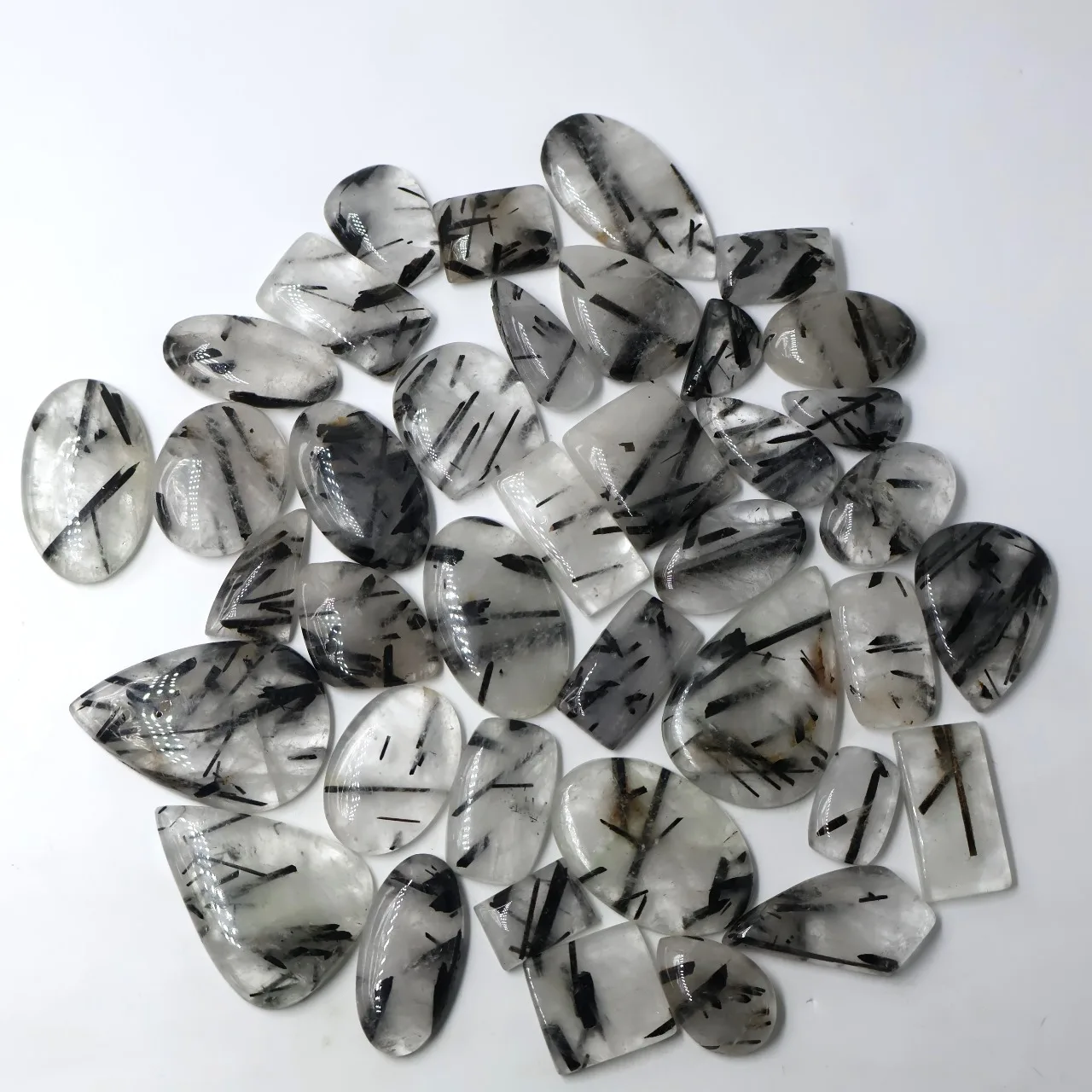 2024 Black Rutile Gemstone Cabochons Mix Shapes Sizes Wholesale Bulk Rutile Crystals Loose Gemstones for Silver Jewelry Making