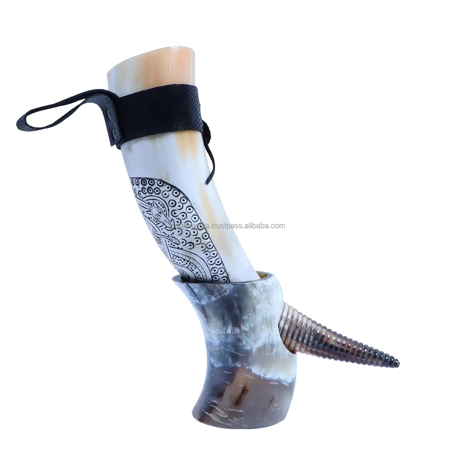Best Quality Indian Buffalo Drinking Horns with Natural Viking Leather Holder Tea Vessel Medieval Animal Style Decoration