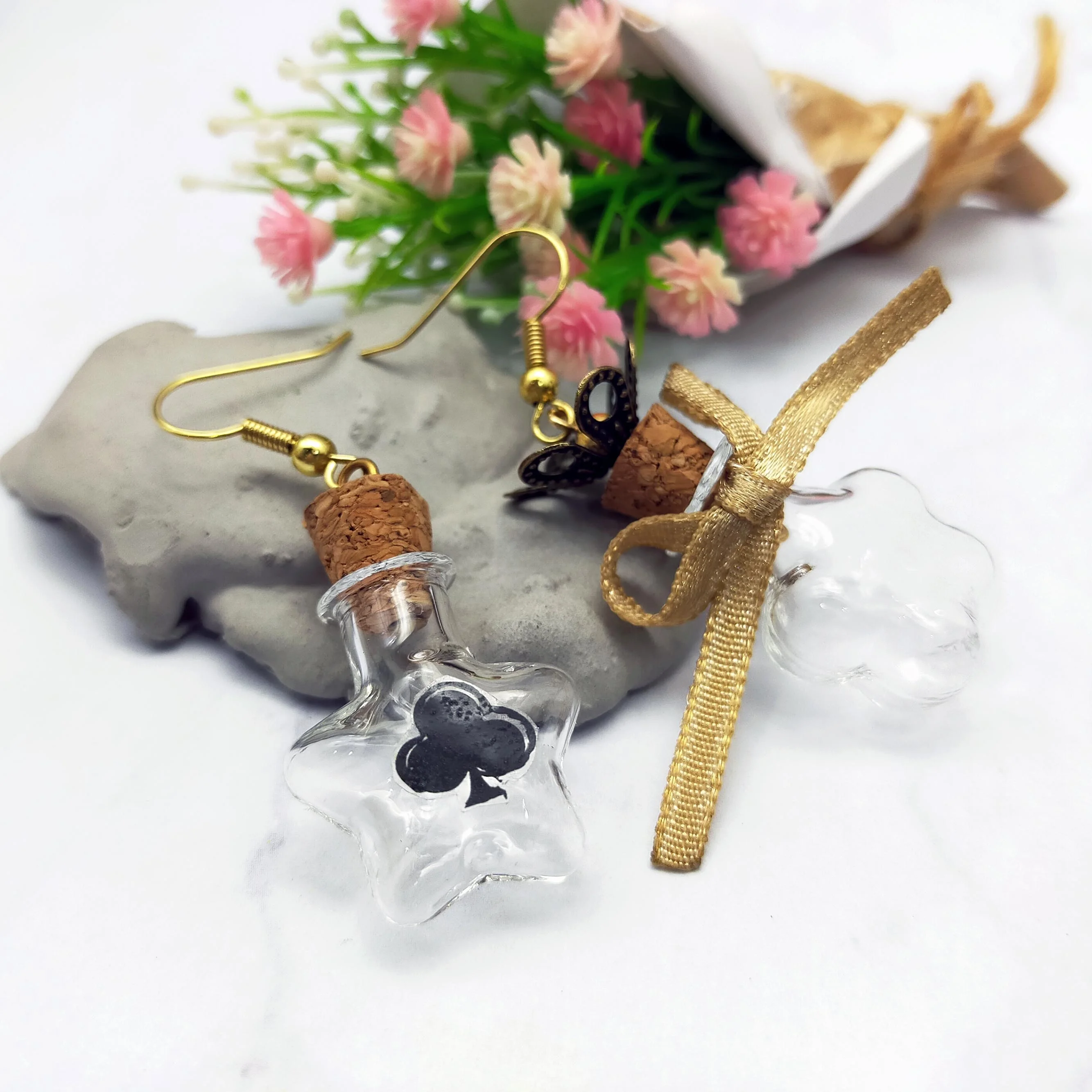 Trend 2022 Earring mini glass bottle with sticker on surface & crown on the top