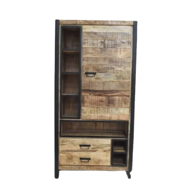Solid Mango Wood  Antique Finish Big Size Huge Metal Frame Industrial Vintage Living Drawer Panel Cabinet