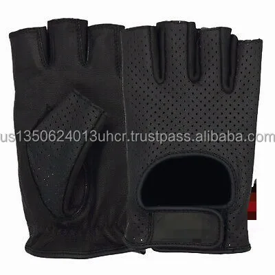 Driving Goat Leather Fingerless Gloves Biker Cycling Wheelchair Gym Padded Gloves adjustable velcro strap