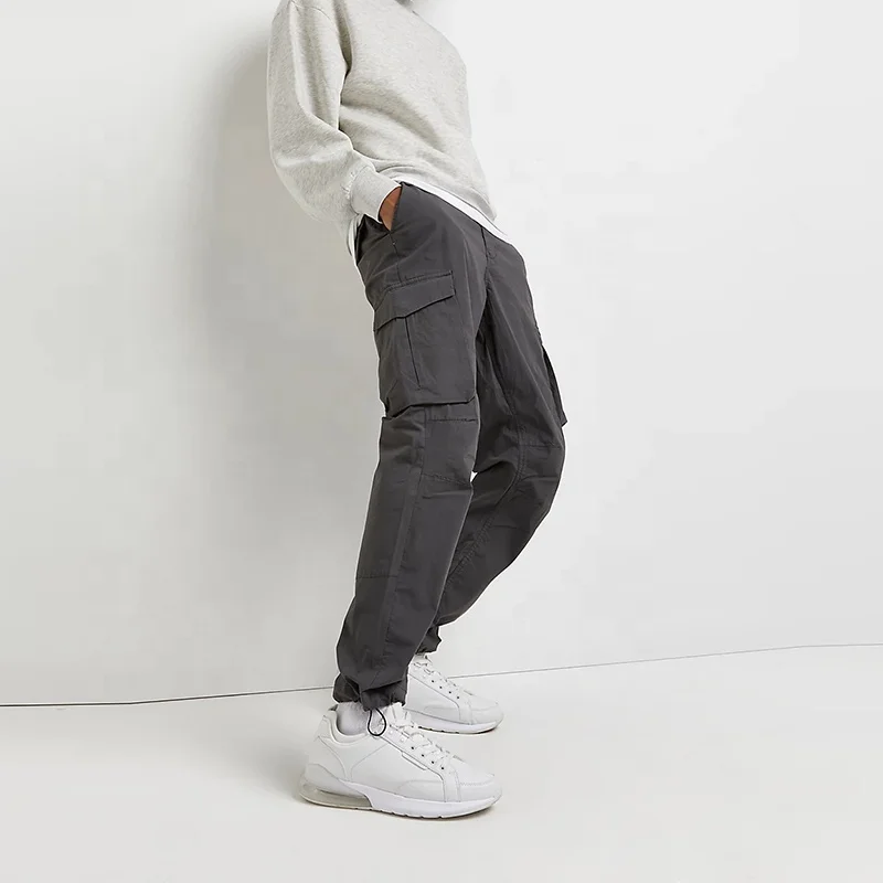 Fashion Custom Men Adjustable String Ankle Side Pockets Grey Men Cargo Jogger Pants