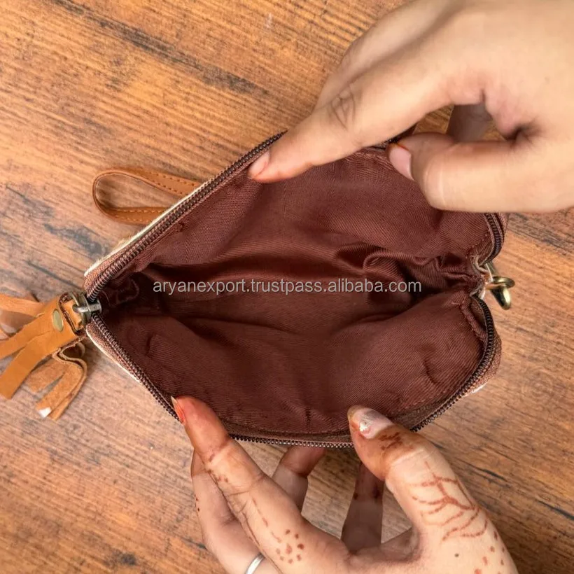 Extreme Quality Handmade Cowhide Tassel Pouch Western Genuine Leather Boho Wristlet Wallet Hair On Hide Zipper Clutch For Women