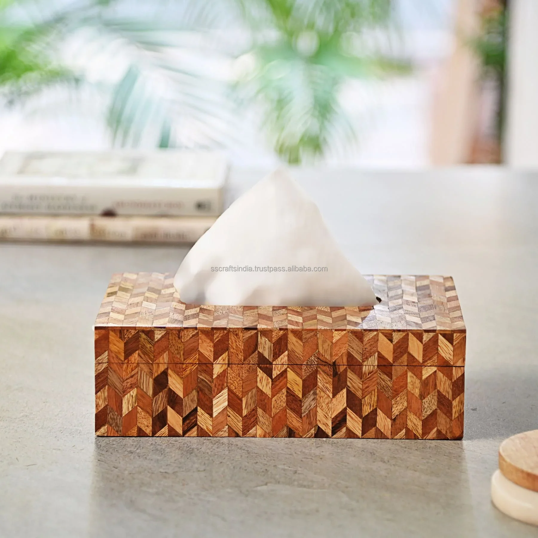 Hot selling wooden tissue box handmade Diamond Inlay wooden tissue storage box Fantastic Design acacia wood tissue box Indian