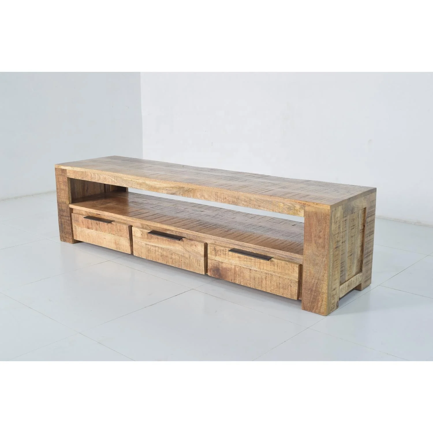 Industrial Vintage Solid Mango Wood and Iron TV Stand with Sliding Door Design for Living Room Office Home or Hotel