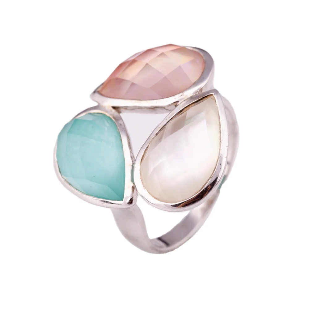 Silver 925 Natural Gemstones Ring with Turquoise  and Mother of Pearl High Quality Factory Price from Thailand