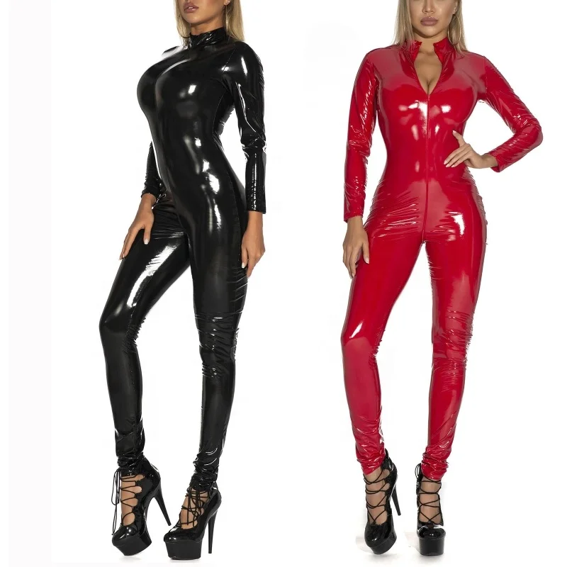 Women Leather Bodysuit Wet Look Clothes Custom Pole Dance Costume Leotard Jumpsuit Long Sleeve Zipper Catsuit Clubwear