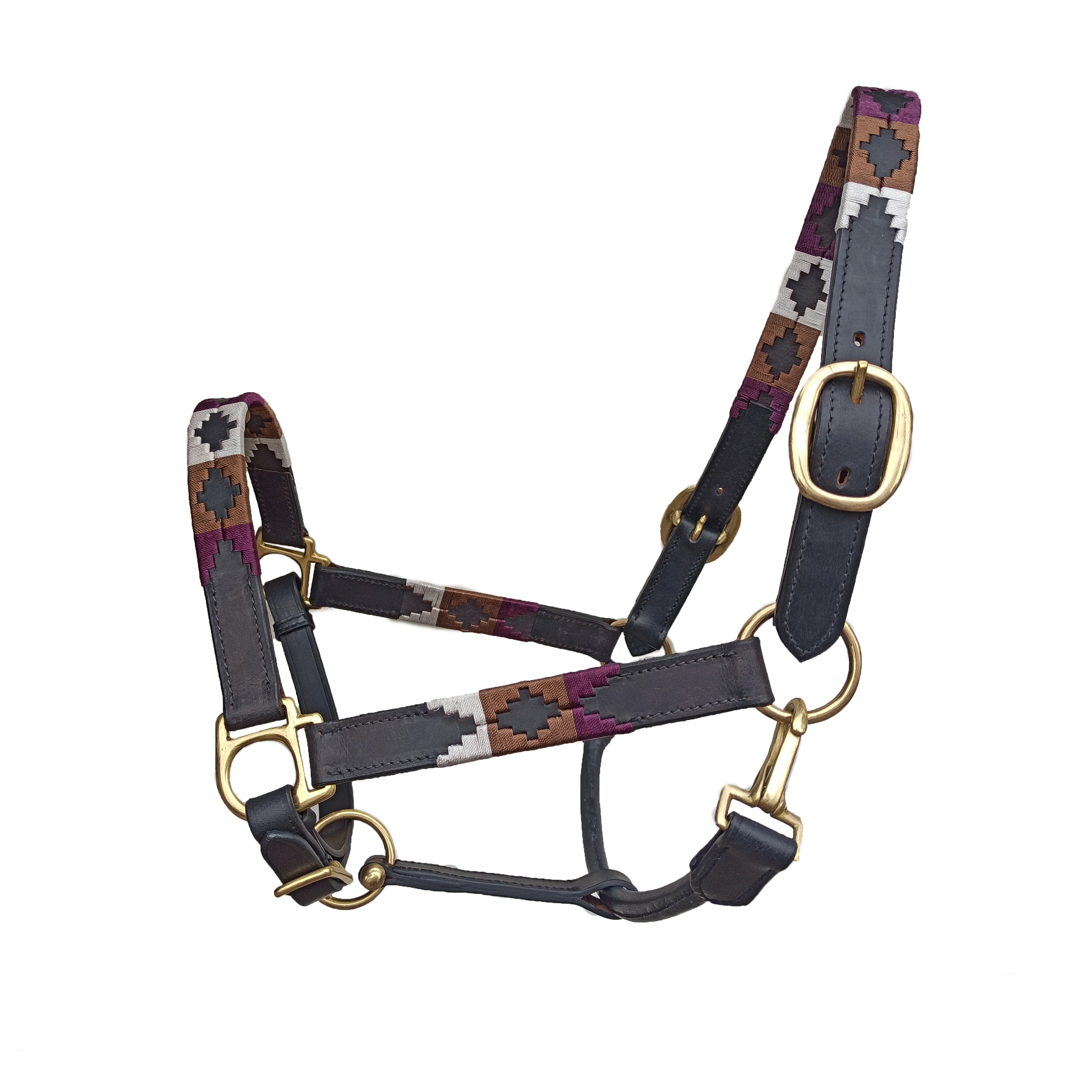 Brown Leather Horse Polo Halter With Purple + Brown Thread Braided Design Manufacturers