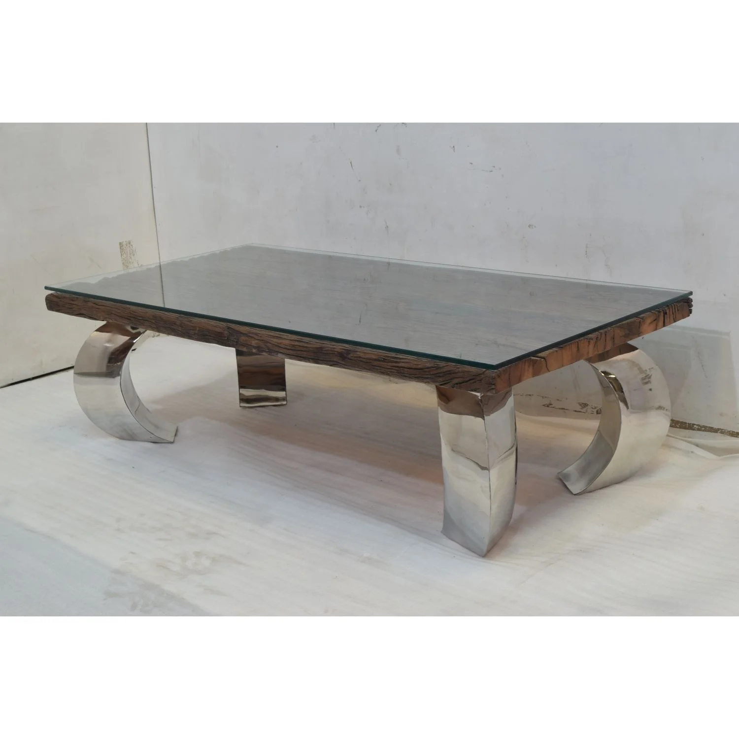 Reclaimed Old Railway Sleeper Wood Top Chrome Finish  Leg Glass Coffee Table Home Office Hotel Villa