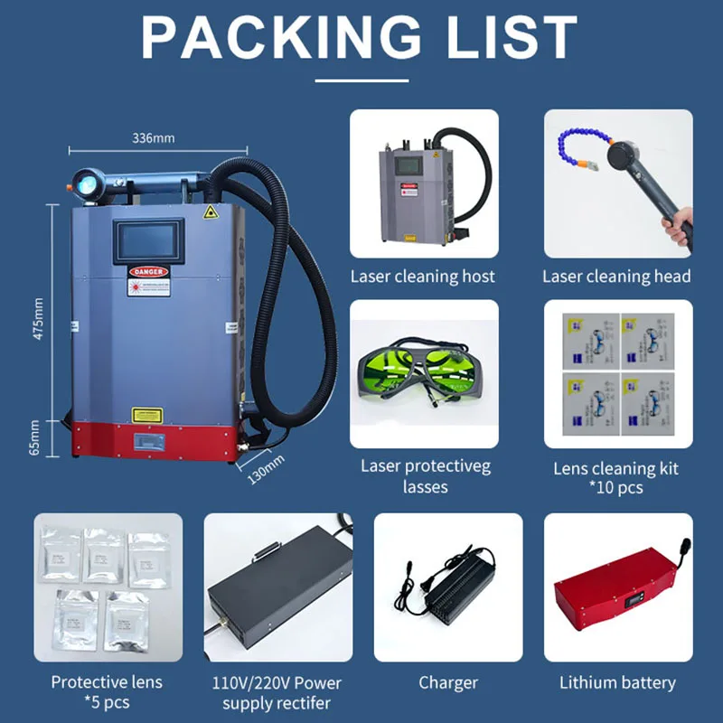 portable lithium battery design 50w 100w 200w metal surface rust clean backpack handheld fiber pulse laser cleaning machine