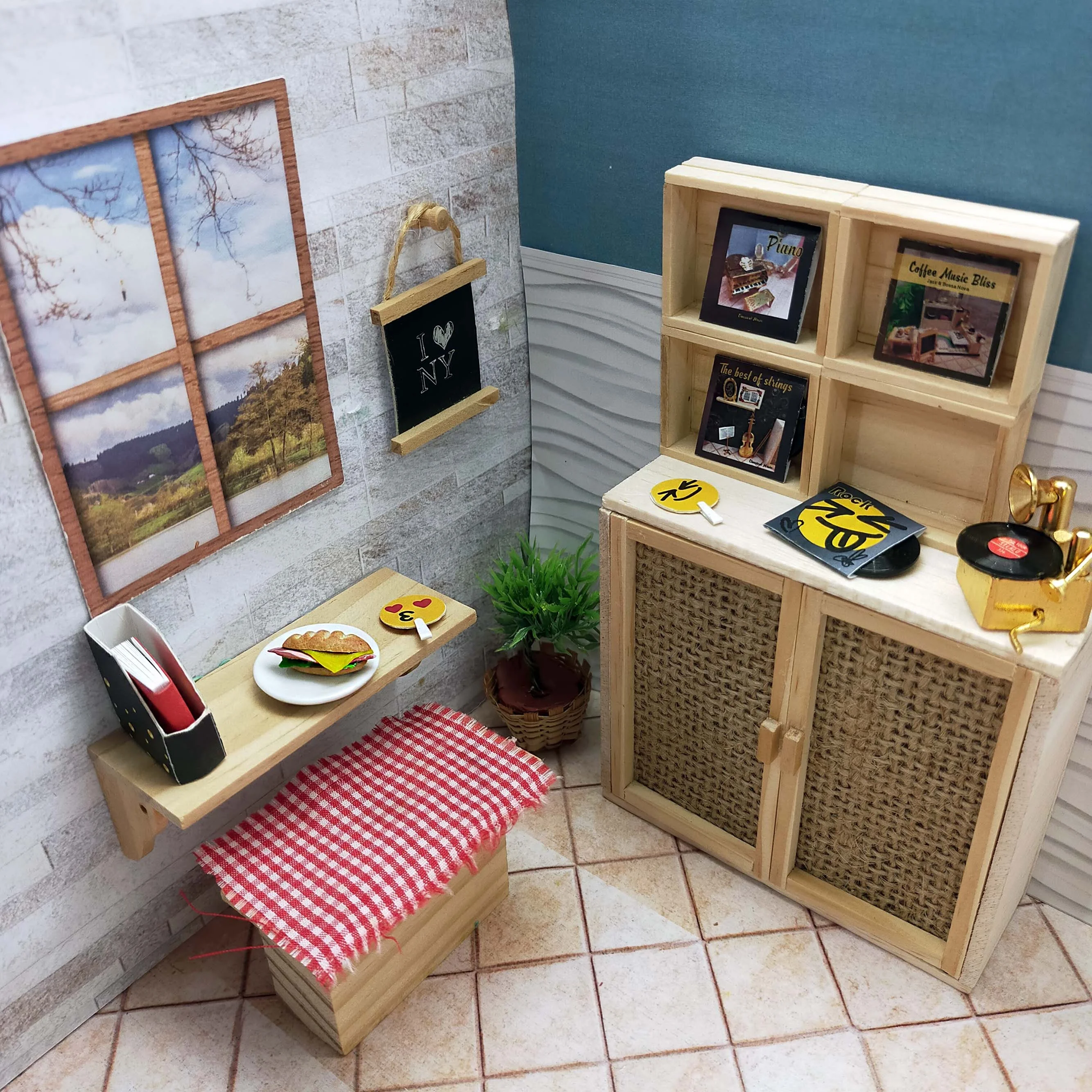 Miniature Scale 1:12 Vinyl Record and Wooden Cabinet Homey Decorations for Dollhouse Furniture Toys