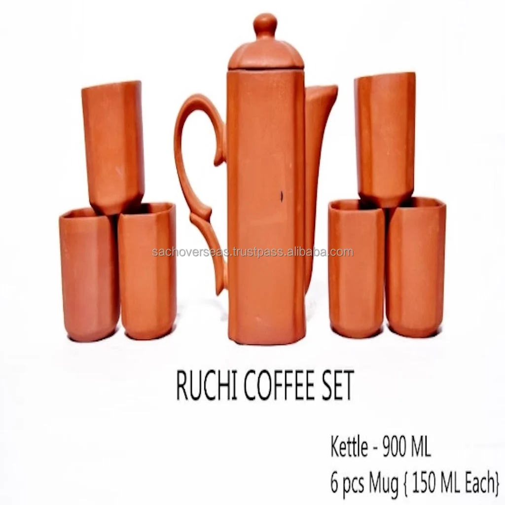 Elegant Handcrafted Earthen Brown Terracotta Tea Kettle Set with Cups, Plates, Milk Pot & Sugar Pot Non-Toxic & Eco-Friendly