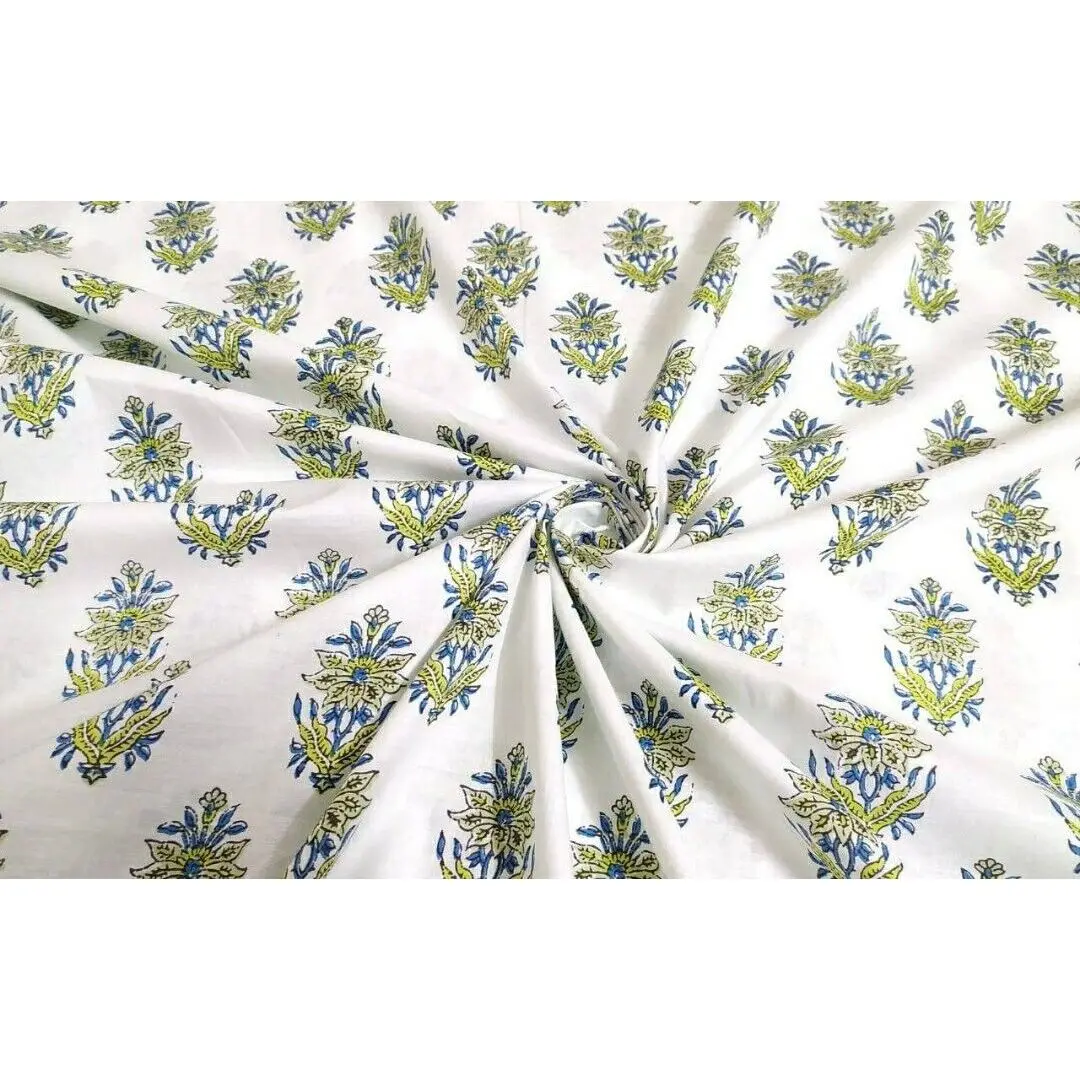 Indian Green Floral Hand Block Print Running Cotton Voile Fabric By The Yard #34