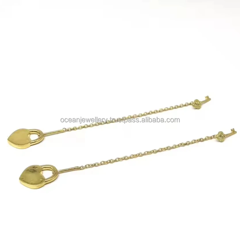 925 Sterling Silver Heart Lock & Key Threader Dangle Earrings | 18k Gold Plated Long Chain Drop Earrings For Women