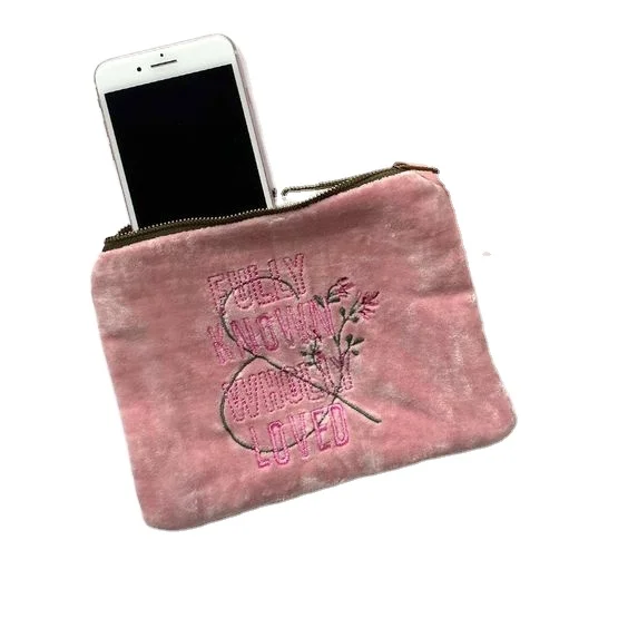 VELVET custom trending new style Pouch Fully Known & Wholly Loved CLUTCH BAG EMBROIDERY wallet ladies makeup hand bag coin purse