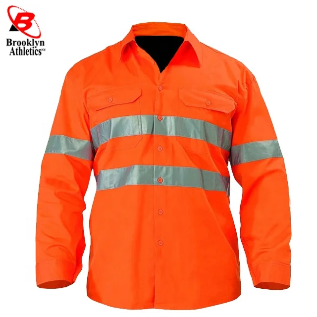 Two Tone Long Sleeve Safety Work shirt Reflective Workwear 100% Cotton Orange Navy Safety Shirts With Hi Vis Tapes