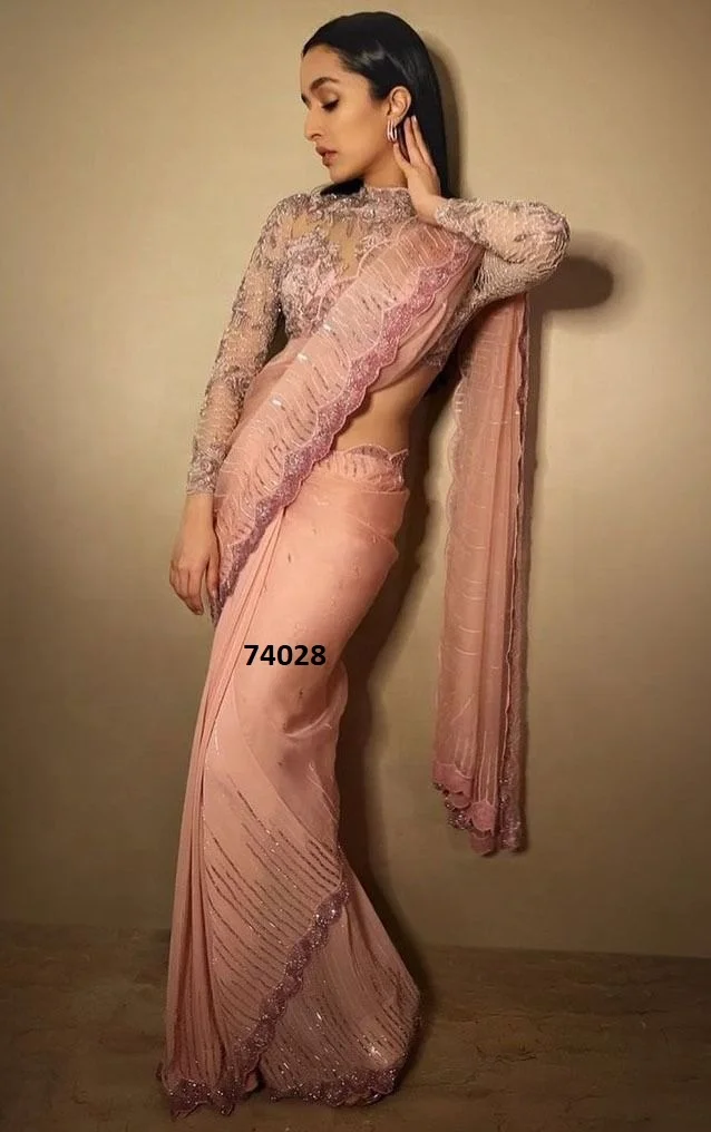 Indian Beautiful Silk Embroidery Work Chiffon Pink Saree With Blouse Pieces Design Sarees 2023 Pakistani Traditional Wear Saree