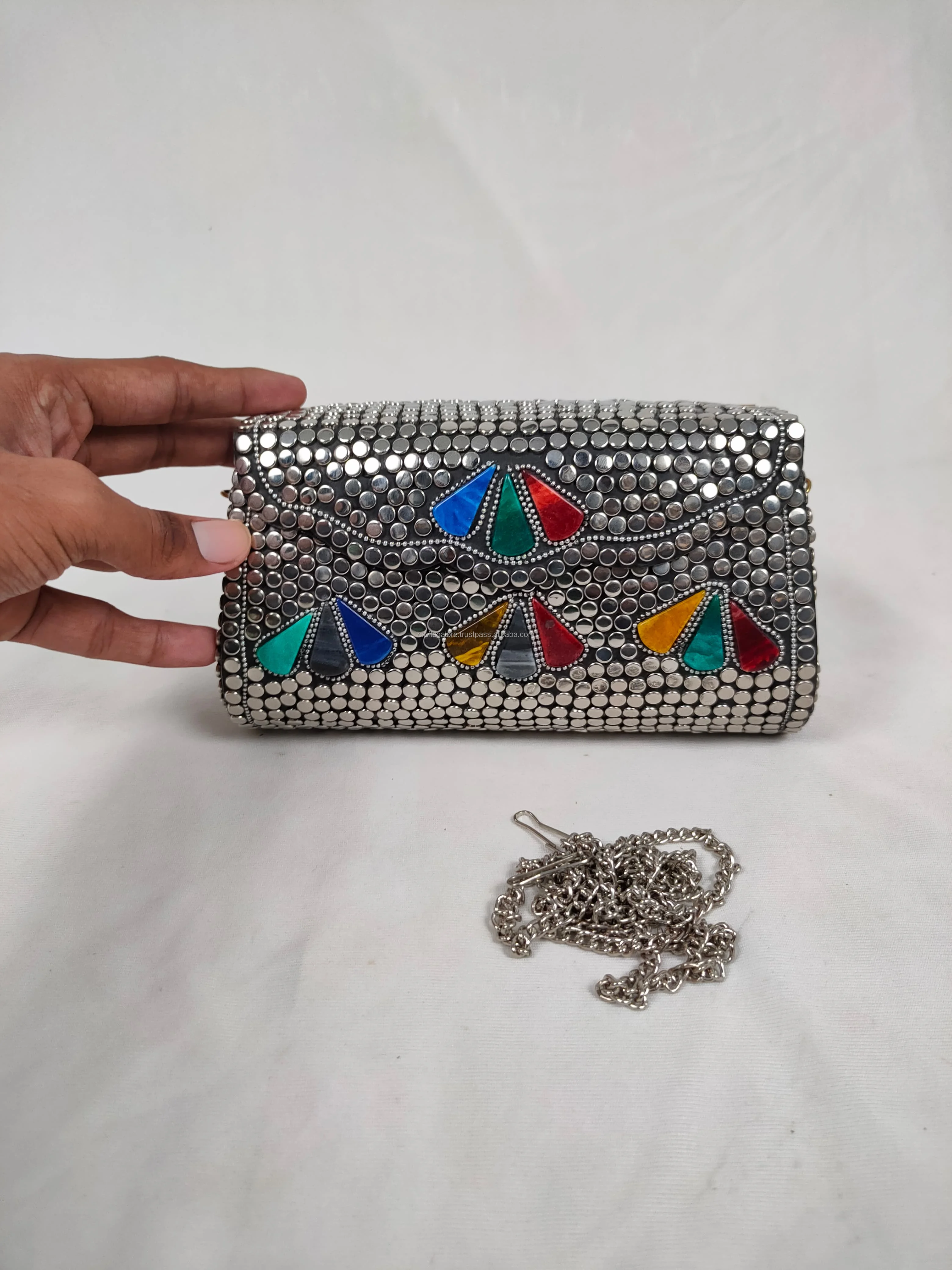 Handmade Metallic Clutch With Gemstone Accents Vintage-Inspired Clutch With Colorful Stones Women Clutch for Sale