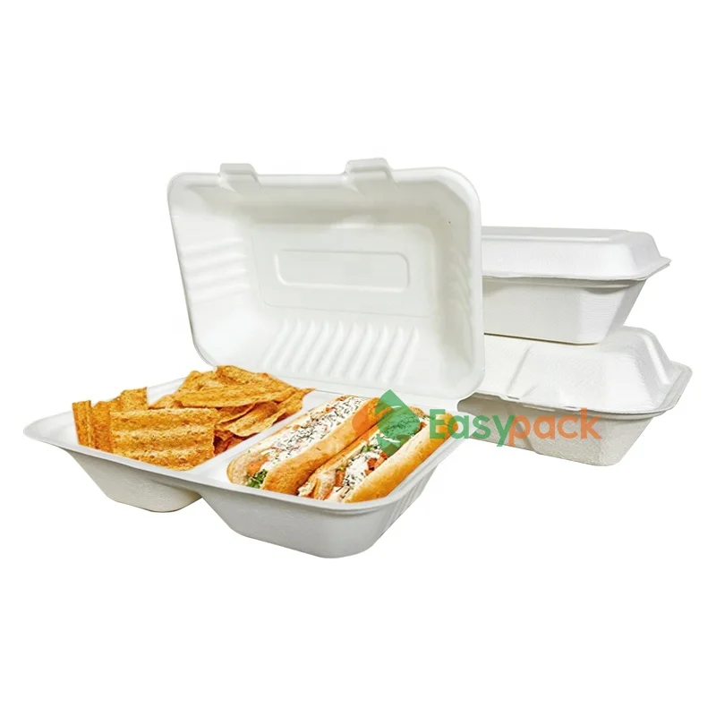 Disposable bleached food container bagasse lunch box biodegradable clamshell