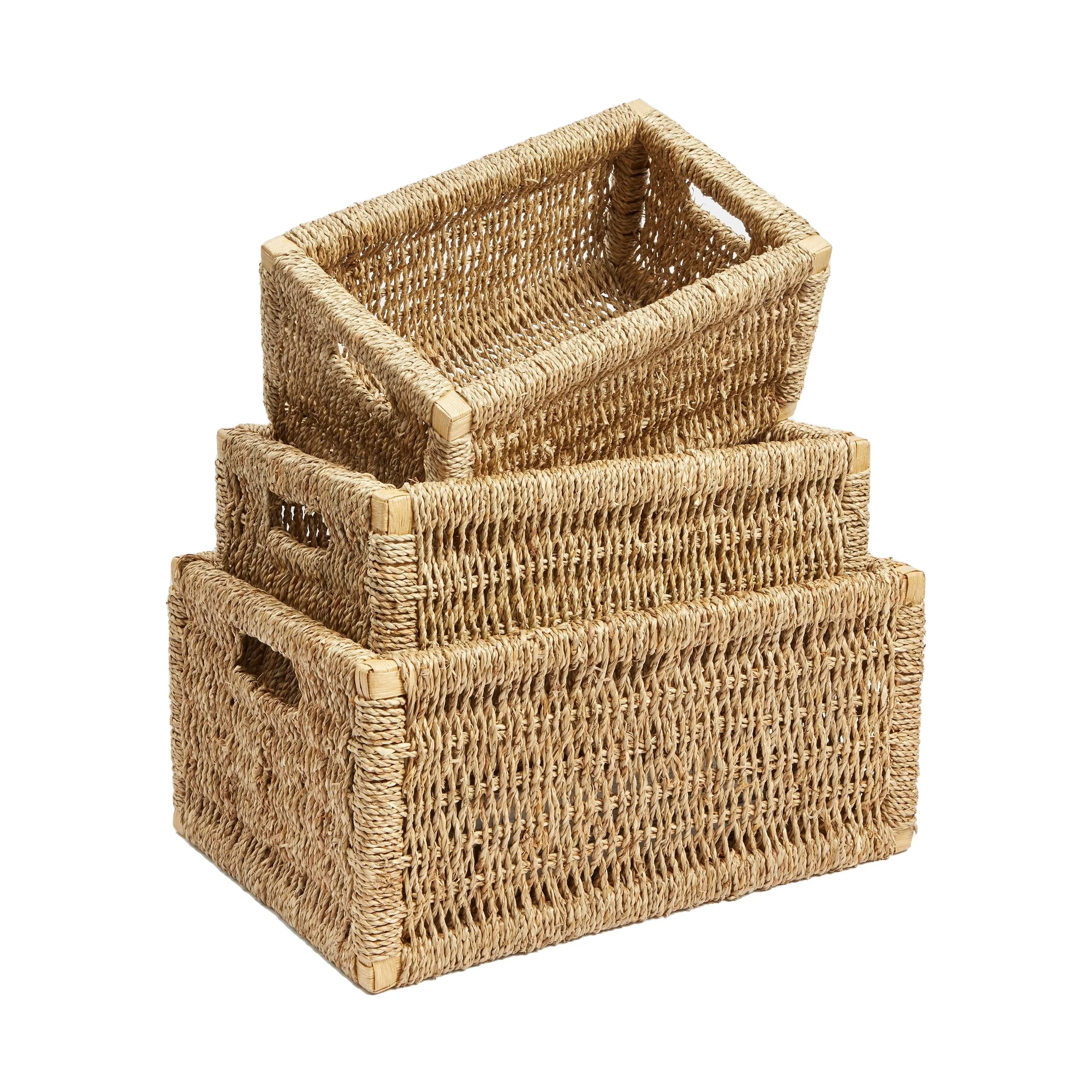 High quality set of 3 large seagrass woven basket with strong wooden frame and hole carry handles handmade from Vietnam