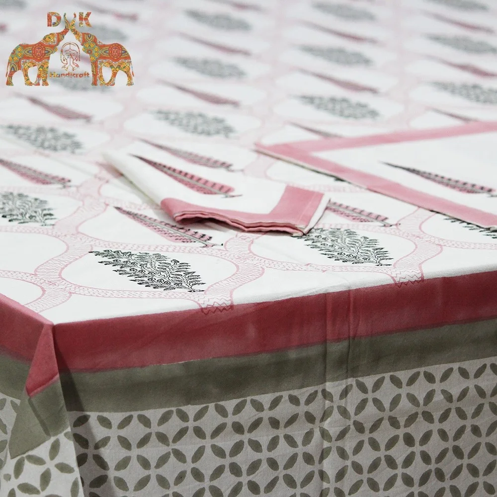 Indian floral cotton canvas hand block print fabric wedding table cloth banquet table cover 6 seater