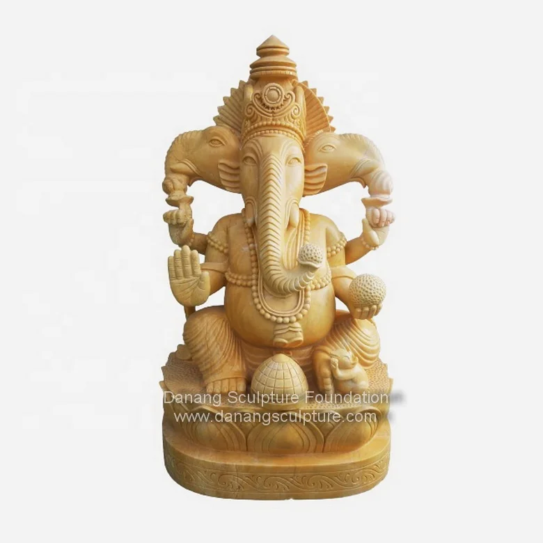 Custom solid yellow marble 3 head lord ganesha large ganesha statues big size ganesha for home decoration