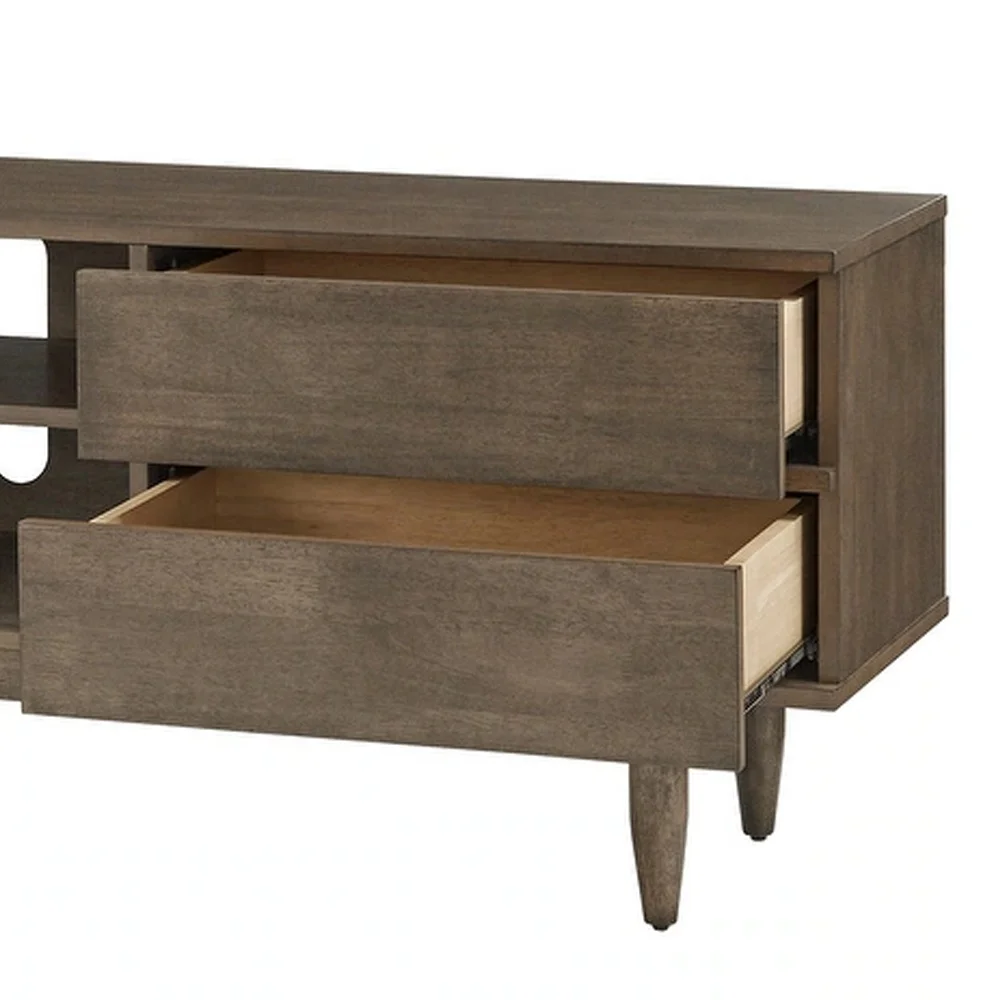 Mid-Century TV Stand  Solid Teak Wood With 2-Drawer and Dark Brown Natural Finish