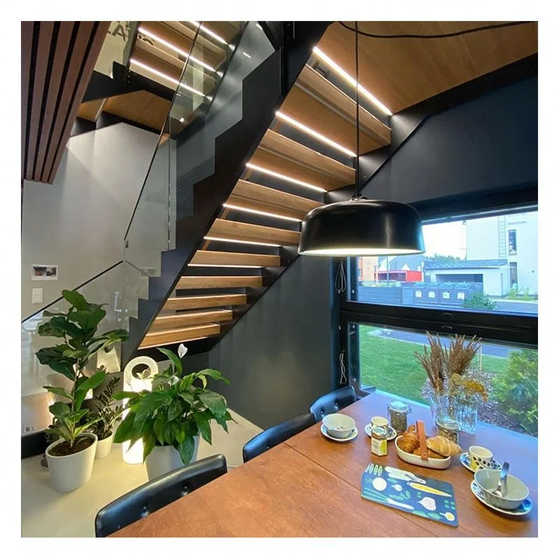 Alucasa Carbon Steel Indoor Glass Railing Wooden Handrail Straight Shape Customized Stairs