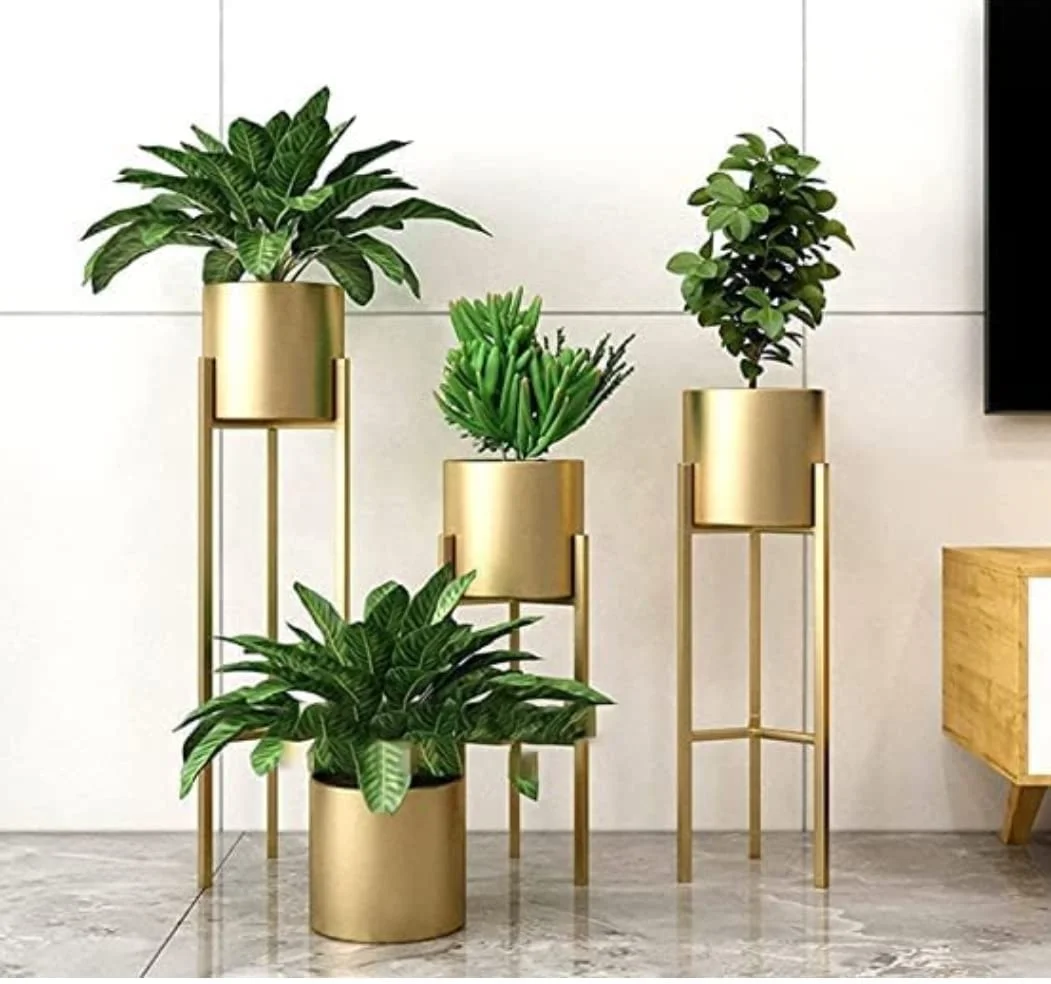 Modern Gold Metal Floor Flower Stand and Plant Planter Set of 3 Tall Indoor Stand with Planter Pot for Living Room Bedroom