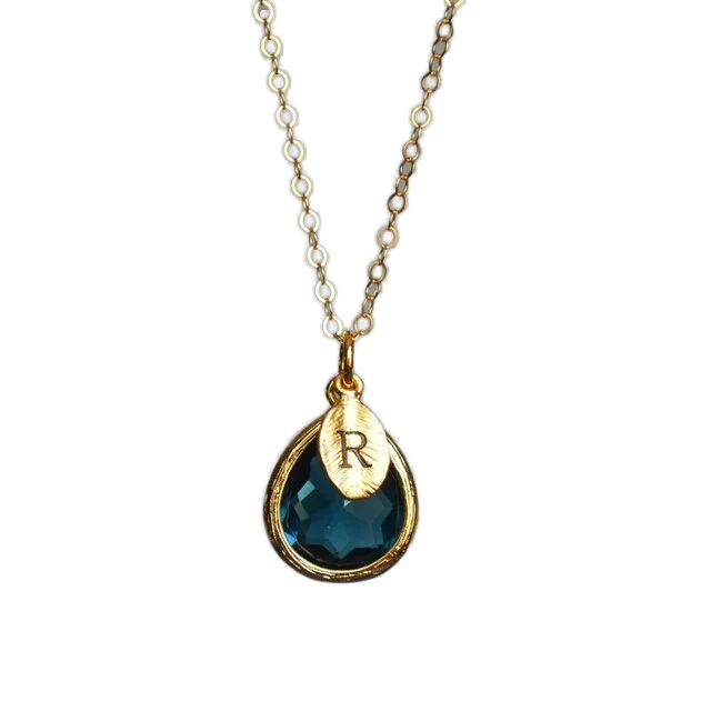 Hot Stylish Jewelry 14kt Gold Plated Brass Blue Sapphire September Birthstone Initial Letter R Alphabet Gift Charm Necklace