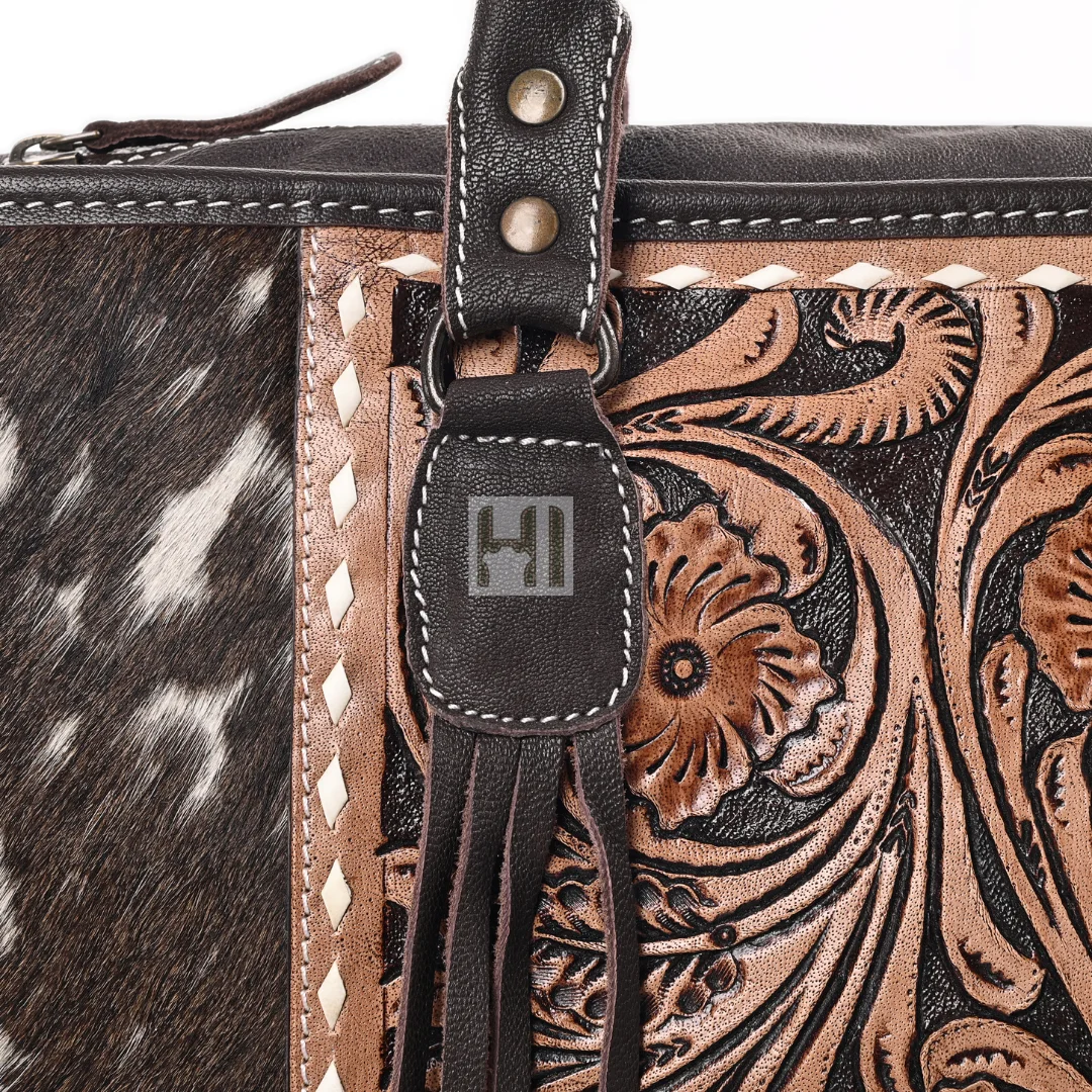 Western Fashion Cowgirl Cowhide Tote Bag with Suede Fringes Hairon Tooled Leather Women Purse for events parties shopping OEM