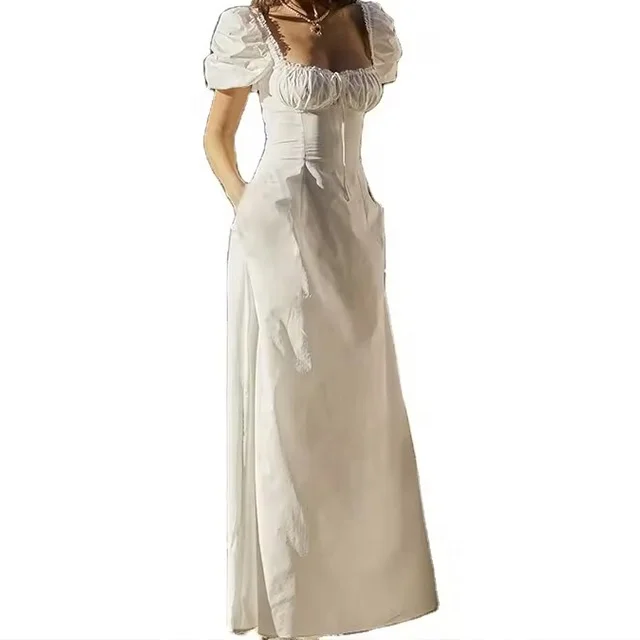 Summer Fashion Woman Slim Fit Sexy Puffed Sleeves Female Elegant Dresses White Wrap Waist Long Midi V Neck Maxi Casual Dress