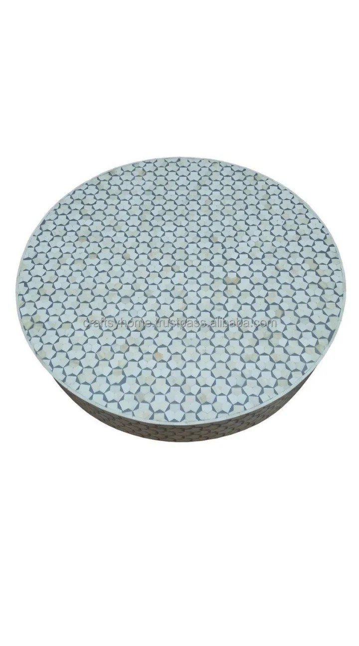 INDIAN CRAFTS LUXURY HANDMADE BONE INLAY ROUND COFFEE TABLE IN NATURAL WHITE COLOR FOR LIVING ROOM DECOR BY CRAFTSY HOME