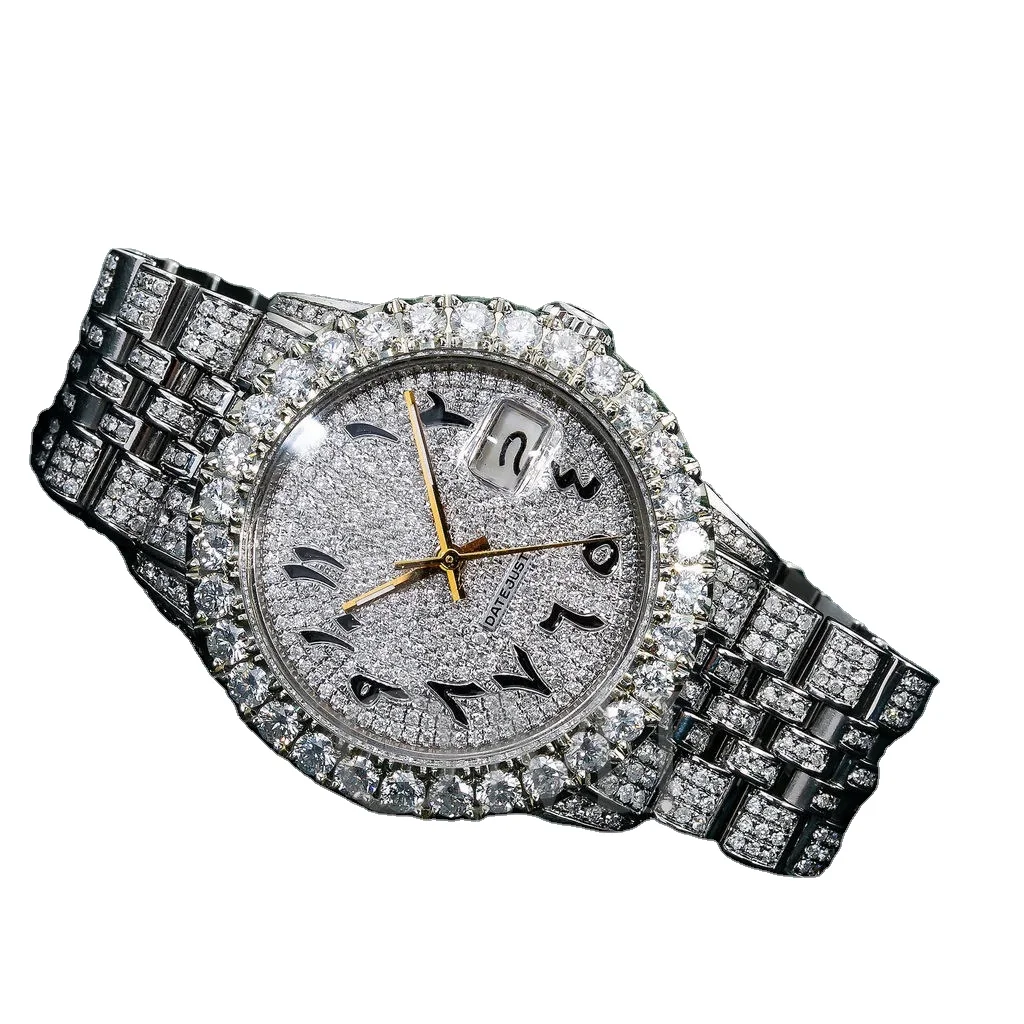 Attractive custom luxury band wrist watch chronograph moissanite round cut diamond hip hop stainless steel watch for men