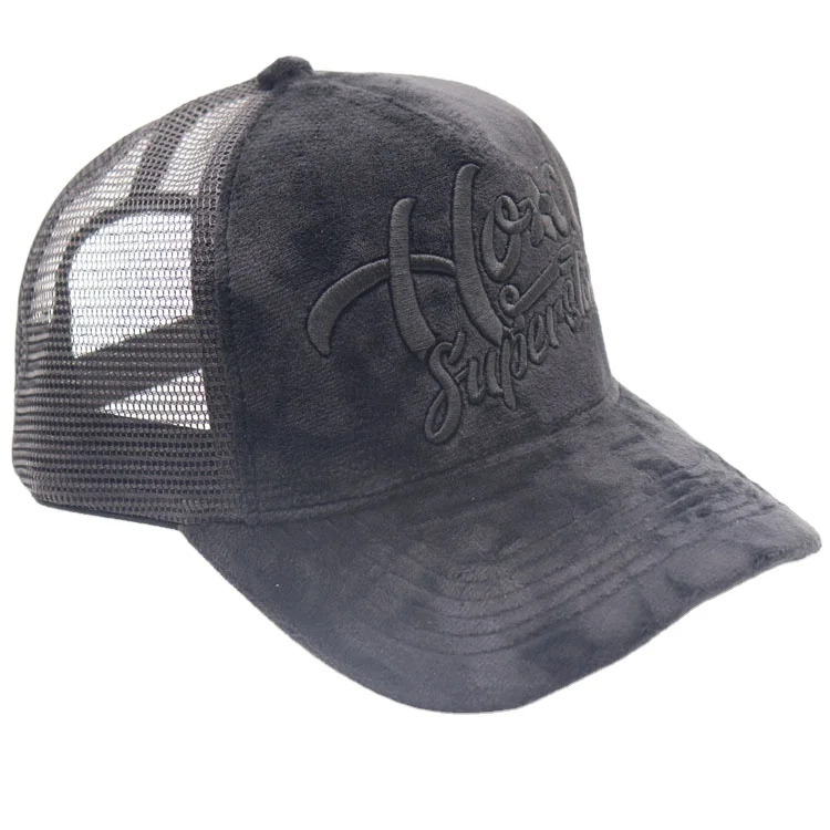 Black velvet and embroidery custom snapback full covered trucker_caps
