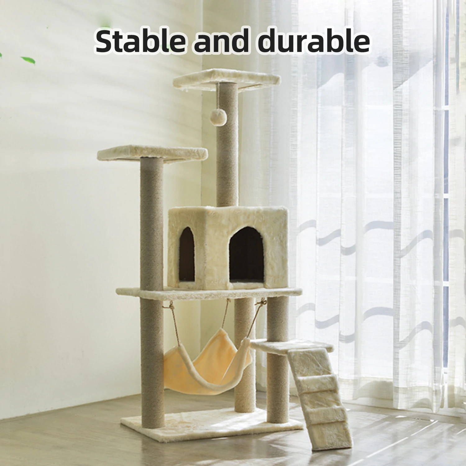 Gray beige color large wood multi level cat furniture scratching sisal post cat tree tower